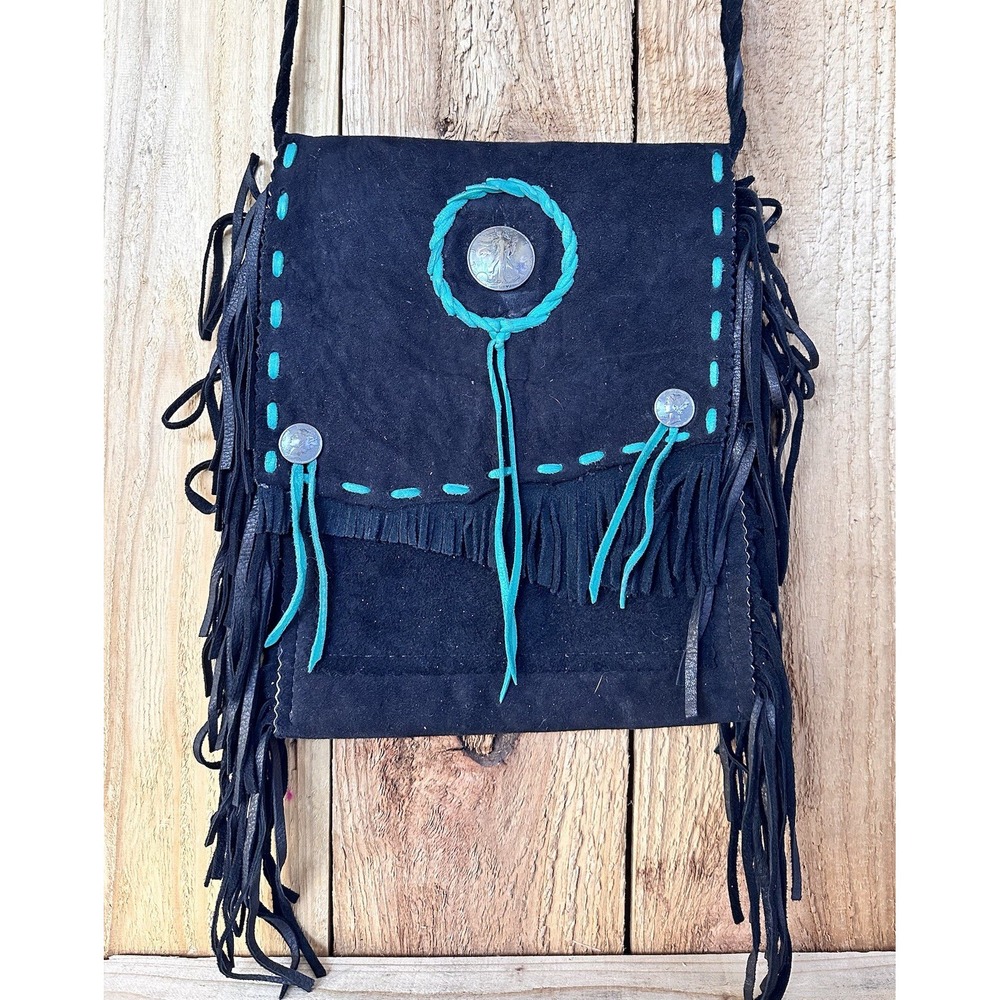 Leather Fringe Crossbody Festival Purse BOHO Black Coin Detail